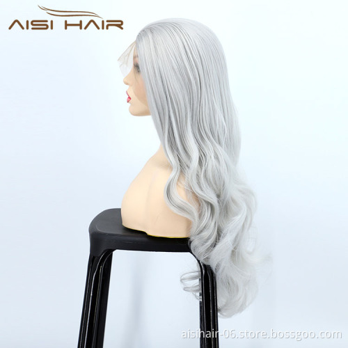 Aisi Hair New Design Vendor Cosplay Curly Long Wavy Body Wave Grey Lace Frontal Synthetic Hair For Black Women Lace Front Wig